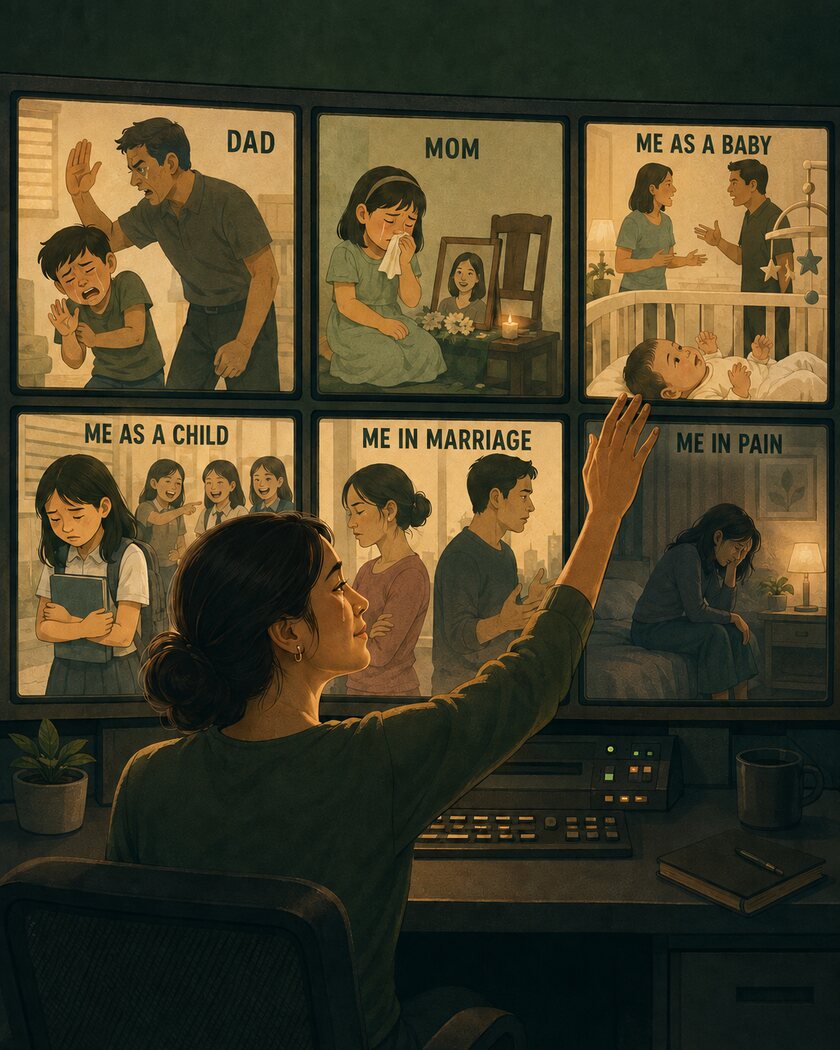 A woman compassionately reviewing six labeled scenes from her life story